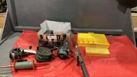 SMALL BOX OF FISHING REELS, ICE FISHING ROD AND STORAGE BOXES