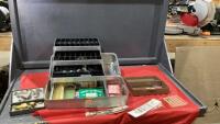 (2) TACKLE BOXES - SMALL PLASTIC W/ A FEW CONTENTS AND LARGE METAL W/ FLY MAKING ITEMS