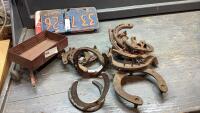 BOX WITH USED HORSE SHOES, WELDED HORSE SHOES, LICENSE PLATES