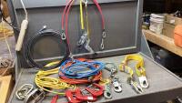 BOX W/ TROUBLE LIGHT, CLAMPS, RATCHET STRAP PARTS, EXTENSION CORDS
