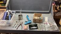 SMALL TOTE WITH HEX KEYS, GREASE GUNS, BATTERY TERMINAL SPREADERS
