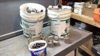 (2) BUCKETS W/CHAIN LINK FENCE POST TOPS - SOME ARE PLASTIC