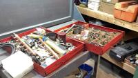 (2)METAL DRAWERS WITH MISC PLUMBING, SHOP SUPPLY + TOOLS