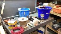 (2) BUCKETS W/CABLE, CHAIN, RATCHET STRAP, CAULKING GUNS, GREASE GUN