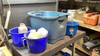 TOTE WITH FEED BUCKETS, MILK BOTTLES, HANGERS