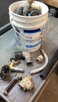 BUCKET WITH PLUMBING + WATER SUPPLY ITEMS