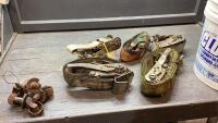 PAIL OF OLD CASTERS, RATCHET STRAPS