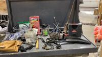 BOX W/ ASSORTED BIKE & SHOP ITEMS -MILWAUKEE JIGSAW, WALKIE TALKIES (NEED BATTERIES), TIGER TORCH