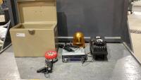 METAL FILE BOX W/ CAR STEREO & 12 VOLT TIRE INFLATER, BEACON, & FLASHLILGHT