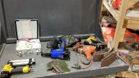 TOTE W/ SHOP SUPPLIES - B&D 1/2" DRILL, MASTERCRAFT JIGSAW, AIR NAILERS, FIRST AID KIT