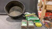 (2) RUBBER FEED TUBS, SMALL BAG POTTING SOIL, COCO FIBRE, SMALL BAG FERTILIZER