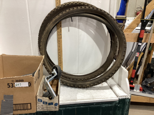 2 BIKE TIRES WITH TUBES, EXTRA TUBE, TRAINING WHEELS