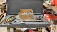 BOX OF MISC TOOLS - HAMMERS, WRENCHES, PLIERS, CLAMPS, ALUMINUM PIPE WRENCH