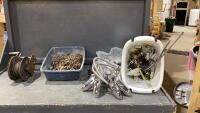 BUCKET W/ USED FAUCETTS, HOSE & SINK PARTS/FITTINGS AND SMALL BIN OF CHAIN, HAND WINCH