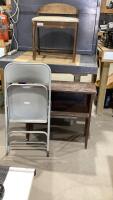 (2) PIECES - VANITY TYPE BENCH, METAL FOLDING CHAIR AND WOOD SHELF