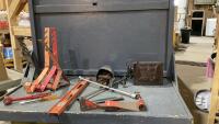 BOX W/ MISC SHOP ITEMS - HEATER, LEVEL, BRACKETS, CHISELS, AXE HEAD, MULTI TIRE IRON