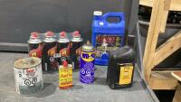 BOX W/ BUTANE GAS CARTRIDGES, DUCKSBACK SEALANT, TRANSMISSION FLUID, PVC CEMENT, WD-40