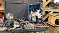 LAUNDRY BASKET W/ SHOP SUPPLIES - SAW BLADE, COME-ALONG, AIR STAPLER, HAMMER STAPLER,