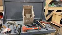 BOX W/ TOOLS - OIL FILTER WRENCH, HAMMERS, RUBBER MALLETS, PIPE WRENCH