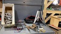 BOX W/ TRIPOD, SHEARS, PULLEYS, DC POWER SUPPLY, HINGES