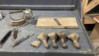 SMALL CABBAGE CUTTER, GAS IRON, WOOD FURNITURE LEGS, STOVE PLATE LIFTER