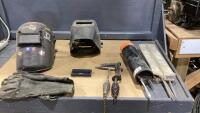 GREEN TOTE W/ WELDING HELMETS, GLOVES, RODS