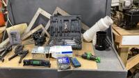 BOX W/SQUARES, PLUMBING + ELECTRICAL ITEMS, TOOLS
