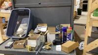 TUB OF MISC SHOP SUPPLIES - BRAKE CLEANER, MEYERS POWER CORD & FLOAT, TANK ALERT ALARM SYSTEM, WATTS AIR SEPARATOR,