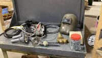 BOX W/ MISC SHOP ITEMS - WELDING HELMET, WATER PRESSURE REDUCING VALVE, CABLE, BELTS, SCREWS, SINK REPAIR ITEMS