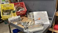 (2) CRATES - DRYWALL TOOLS, TILE CUTTER, JOIST HANGERS