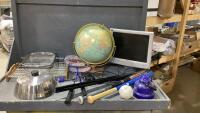 LARGE BOX OF MISC HOUSEHOLD ITEMS - VINTAGE GLOBE, MEDION MONITOR, STRAINER, KIDS BASEBALL BATS, BADMINTON RACQUETS