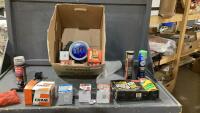 BOX W/ VARIOUS FILTERS, GREASE, GARBAGE BAGS, WINTER PREP,
