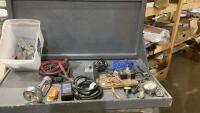 SMALL TOTE W/ ELECTRICAL ITEMS - ONBOARD BATTERY, AC ADAPTER, BOOSTER CABLES