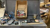 BOX W/ MISC SHOP SUPPLIES - BOOSTER CABLES, DRUM STICKS,