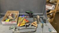 FLAT W/ MISC SHOP SUPPLIES - HACK SAW, SCREWDRIVERS, HAMMER HEAD, WRENCHES
