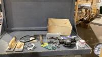 BOX W/ MISC SHOP SUPPLIES - ALPINE SPEAKERS, GATE LATCH