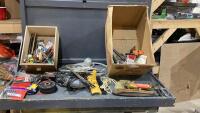 BOX W/ MISC SHOPO SUPPLIES - POWER TOOLS, FUNNEL, GRINDING WHEELS