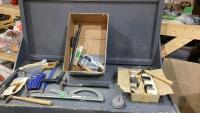 BOX W/ MISC TOOLS - HAMMERS, HACK SAWS, CHALK LINE, SAW PROTRACTOR
