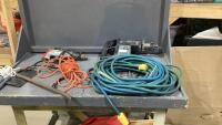 BOX W/ BOSCH ROTARY HAMMER, HD EXTENSION CORD, HILTI DRILL, PINCH BAR,