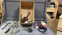 BOX OF MISC TOOLS - AXE, WRENCH, SONY HEAD PHONES