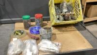 CRATE W/ WEED WHIP LINE, NAILS, COIL NAILS, METAL SCREWS, HINGE