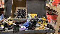BOX W/ WORK GLOVES, BALL CAPS, GARBAGE BAGS, SONY WALKMANS, SMALL BINOCULARS