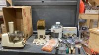 BOX W/ GE FOOD PROCESSOR, JUICE MACHINE, KITCHEN UTENSILS, ROTARY GRATER, POPCORN POPPER