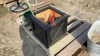 PALLET WITH YARD TOOLS IN A WOOD PLANTER(18&rdquo;X 18&rdquo;)