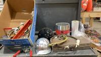 BOX OF MISC ITEMS - MOTORCYCLE HELMET, TRIANGLE FLARES, METAL SHEETING, PLASTIC BAGS, METAL HARDHAD