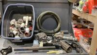 SMALL TOTE W/ REESE RECEIVER, BUCKET HEATERS, HOSE, PVC FITTINGS, PIPE