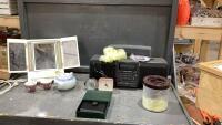 BOX W/ DANIER LEATHER WALLET, MAKEUP MIRROR, SONY CD/RADIO PLAYER