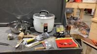 BOX W/ NATIONAL RICE COOKER, CAKE DECORATING TIPS, UTENSILS, STAINLESS DIVIDED POT, SMALL VINTAGE BAR SET
