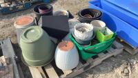 PALLET OF ASSORTED PLANT POTS + GARDENING TOOLS