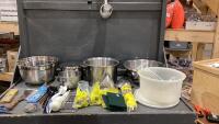 BOX W/ KITCHEN ITEMS - STAINLESS POT & BOWLS, LADLES, SMALL MEAT CLEAVER